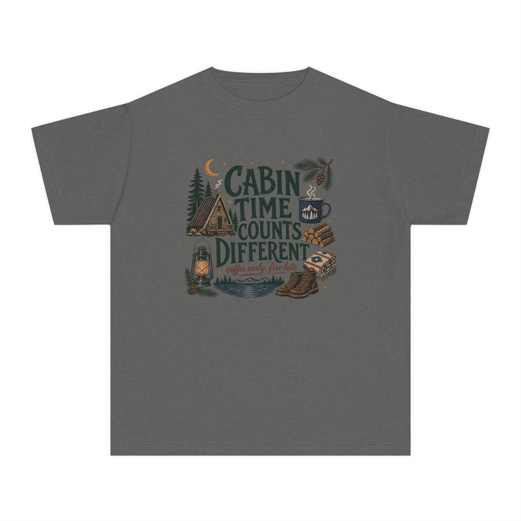Cabin Time Counts Different Youth Tee – Kids' Comfort Colors Cabin Weekend Shirt in Pepper – flat lay
