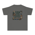 Cabin Time Counts Different Youth Tee – Kids' Comfort Colors Cabin Weekend Shirt in Pepper – flat lay