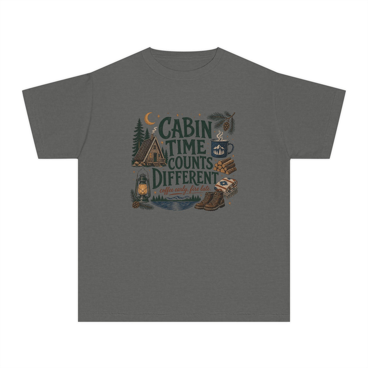 Cabin Time Counts Different Youth Tee – Kids' Comfort Colors Cabin Weekend Shirt in Pepper – flat lay