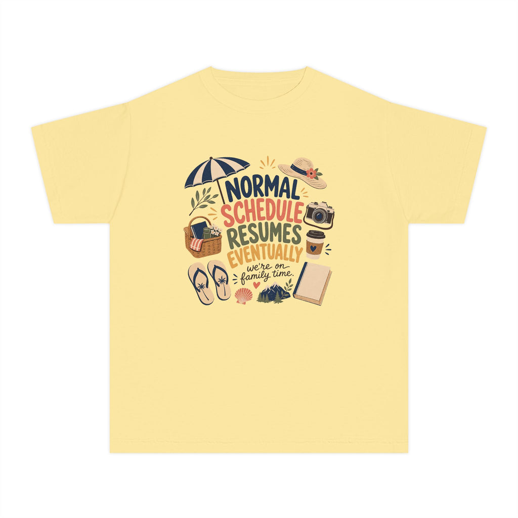 Normal Schedule Resumes Eventually Youth Tee – Kids' Comfort Colors Family Getaway Shirt in Butter – flat lay