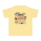 Normal Schedule Resumes Eventually Youth Tee – Kids' Comfort Colors Family Getaway Shirt in Butter – flat lay