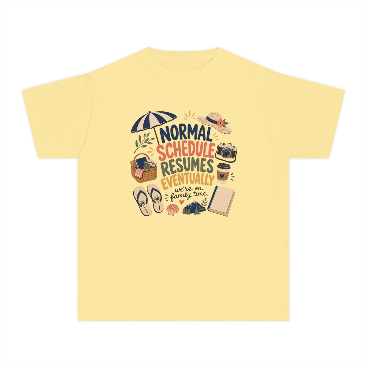 Normal Schedule Resumes Eventually Youth Tee – Kids' Comfort Colors Family Getaway Shirt in Butter – flat lay