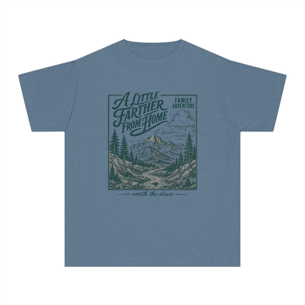 A Little Farther from Home Family Adventure Youth Tee – Kids' Comfort Colors Road Trip Shirt in Blue Jean – flat lay