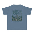 A Little Farther from Home Family Adventure Youth Tee – Kids' Comfort Colors Road Trip Shirt in Blue Jean – flat lay