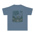 A Little Farther from Home Family Adventure Youth Tee – Kids' Comfort Colors Road Trip Shirt in Blue Jean – flat lay