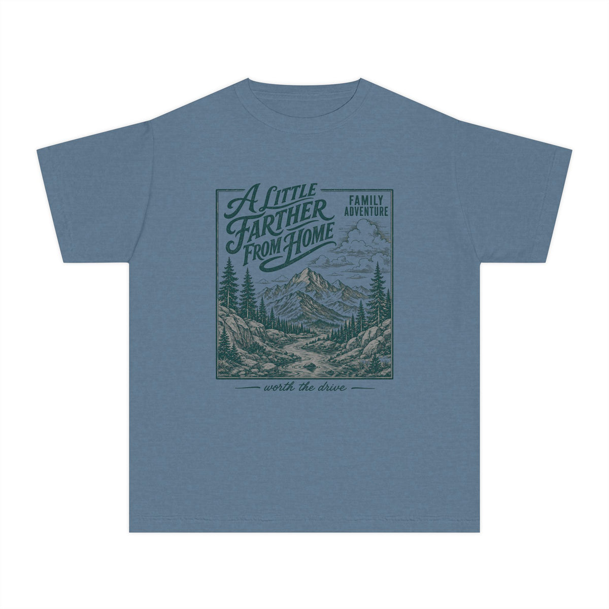 A Little Farther from Home Family Adventure Youth Tee – Kids' Comfort Colors Road Trip Shirt in Blue Jean – flat lay