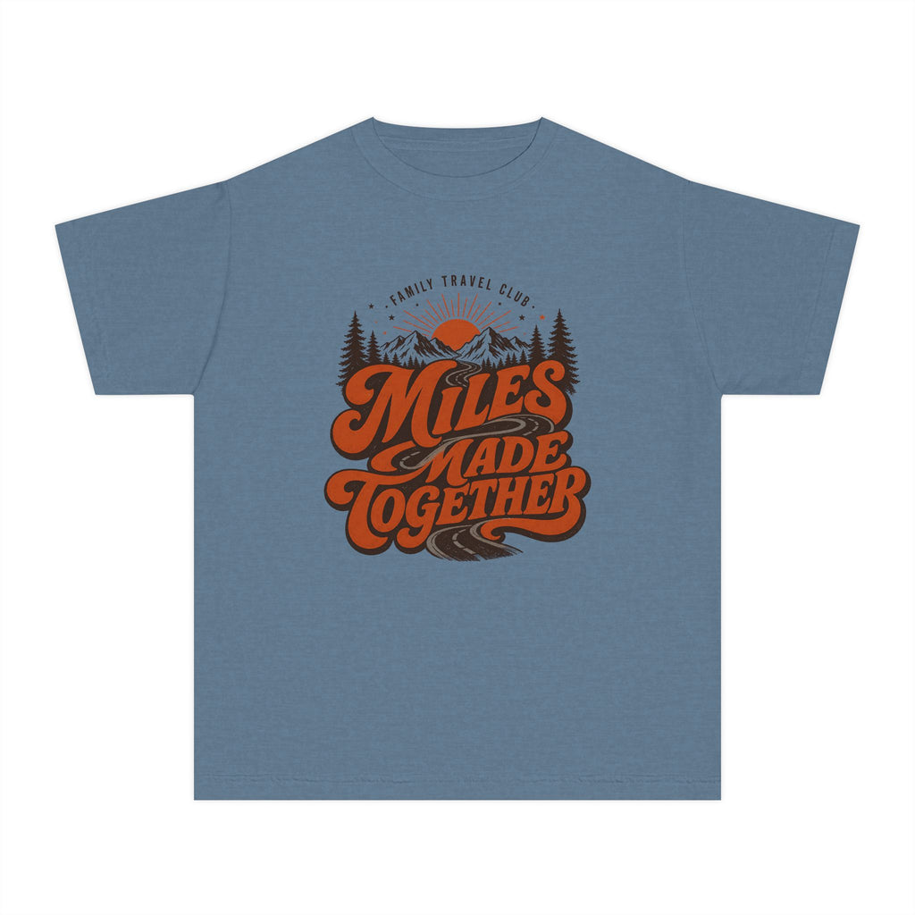 Miles Made Together Youth Tee – Kids' Comfort Colors Road Trip Shirt in Blue Jean – flat lay