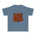 Miles Made Together Youth Tee – Kids' Comfort Colors Road Trip Shirt in Blue Jean – flat lay