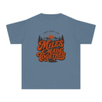 Miles Made Together Youth Tee – Kids' Comfort Colors Road Trip Shirt in Blue Jean – flat lay