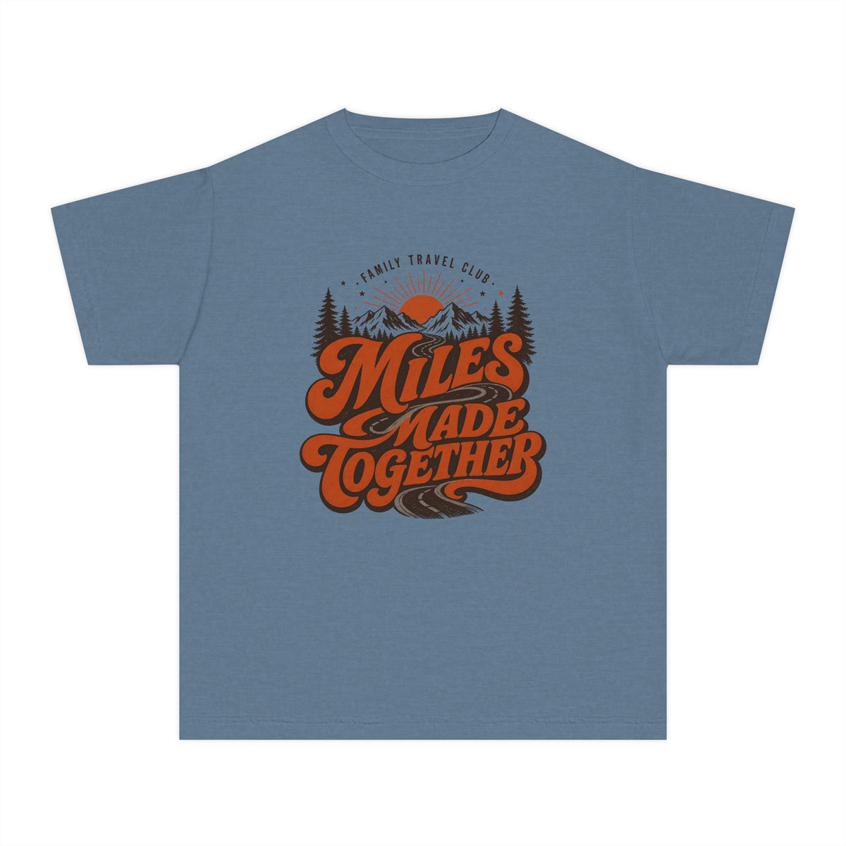 Miles Made Together Youth Tee – Kids' Comfort Colors Road Trip Shirt in Blue Jean – flat lay