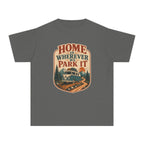 Home Is Wherever We Park It Youth Tee – Kids' Comfort Colors Camper Van Shirt in Pepper – flat lay