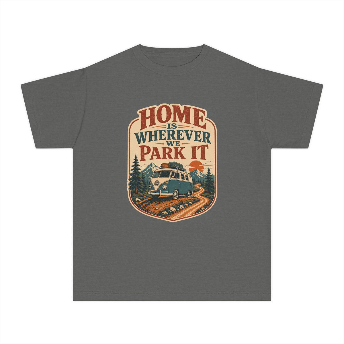 Home Is Wherever We Park It Youth Tee – Kids' Comfort Colors Camper Van Shirt in Pepper – flat lay