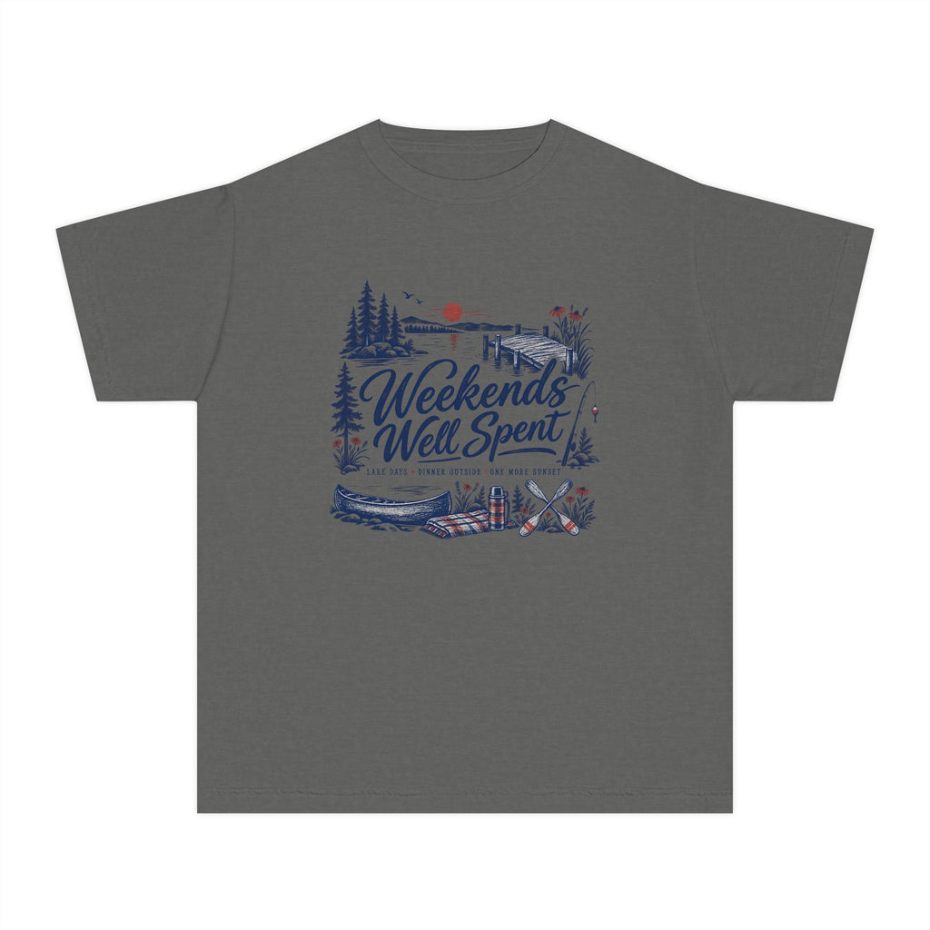Weekends Well Spent Youth Tee – Kids' Comfort Colors Lake Vacation Shirt in Pepper – flat lay