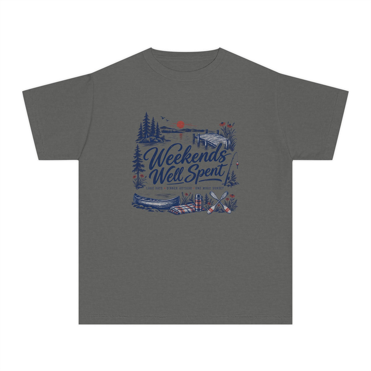 Weekends Well Spent Youth Tee – Kids' Comfort Colors Lake Vacation Shirt in Pepper – flat lay
