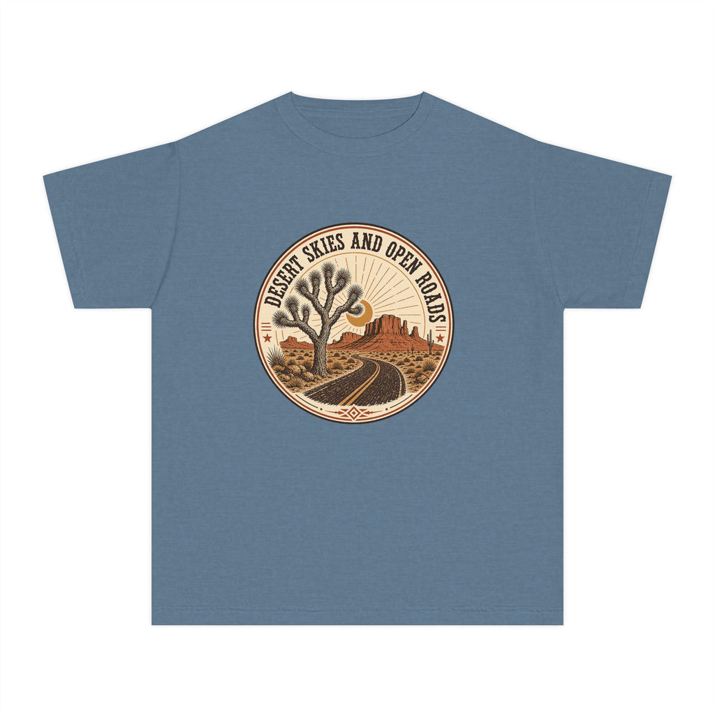 Desert Skies and Open Roads Youth Tee – Kids' Comfort Colors Travel Shirt in Blue Jean – flat lay