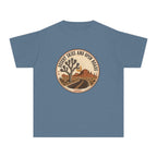 Desert Skies and Open Roads Youth Tee – Kids' Comfort Colors Travel Shirt in Blue Jean – flat lay