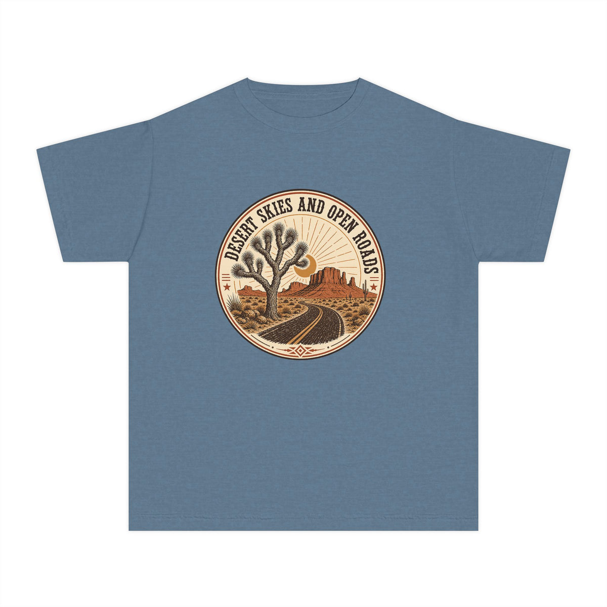 Desert Skies and Open Roads Youth Tee – Kids' Comfort Colors Travel Shirt in Blue Jean – flat lay