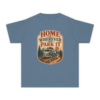 Home Is Wherever We Park It Youth Tee – Kids' Comfort Colors Camper Van Shirt in Blue Jean – flat lay