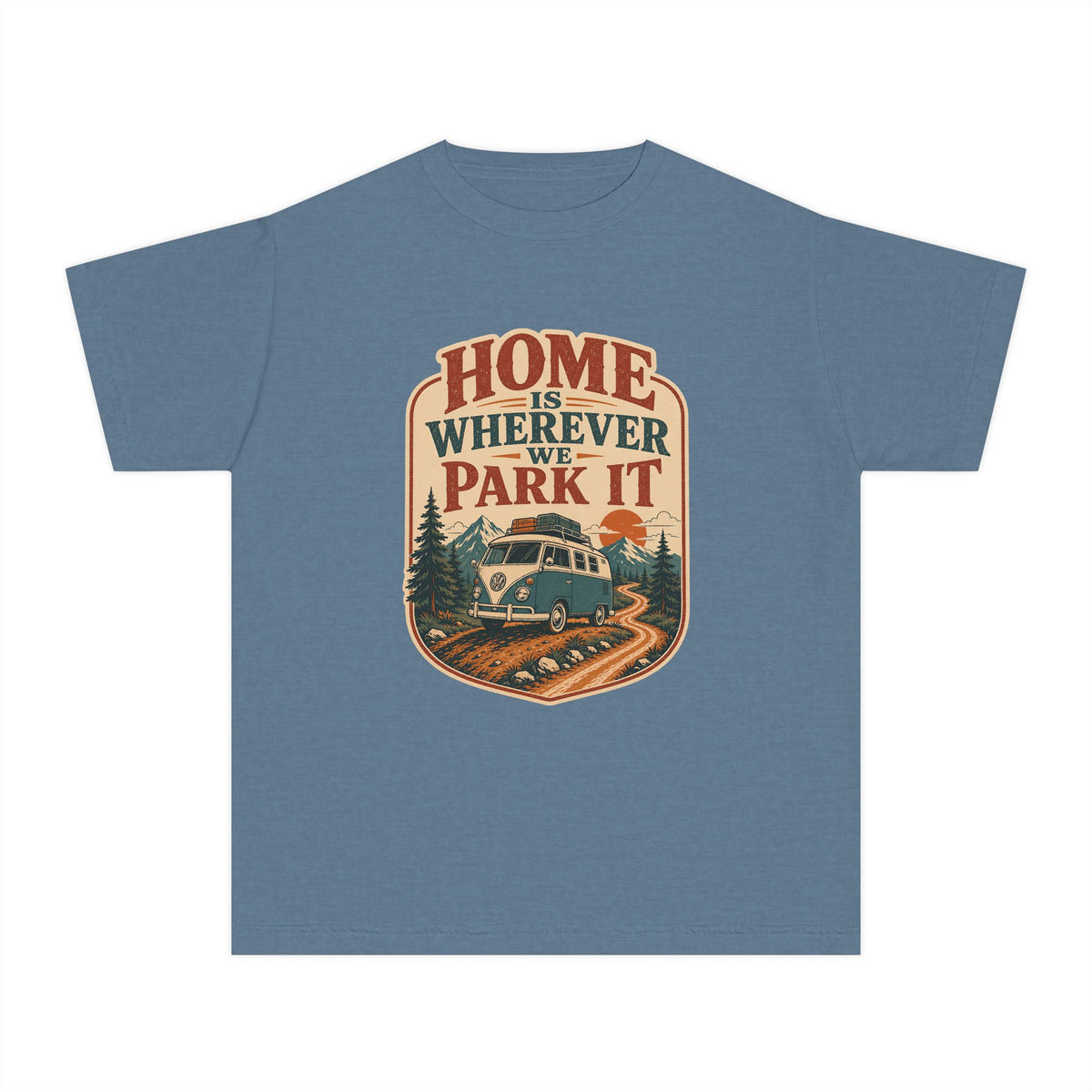 Home Is Wherever We Park It Youth Tee – Kids' Comfort Colors Camper Van Shirt in Blue Jean – flat lay