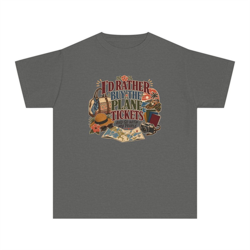 I'd Rather Buy the Plane Tickets Youth Tee – Kids' Comfort Colors Family Travel Shirt in Pepper – flat lay