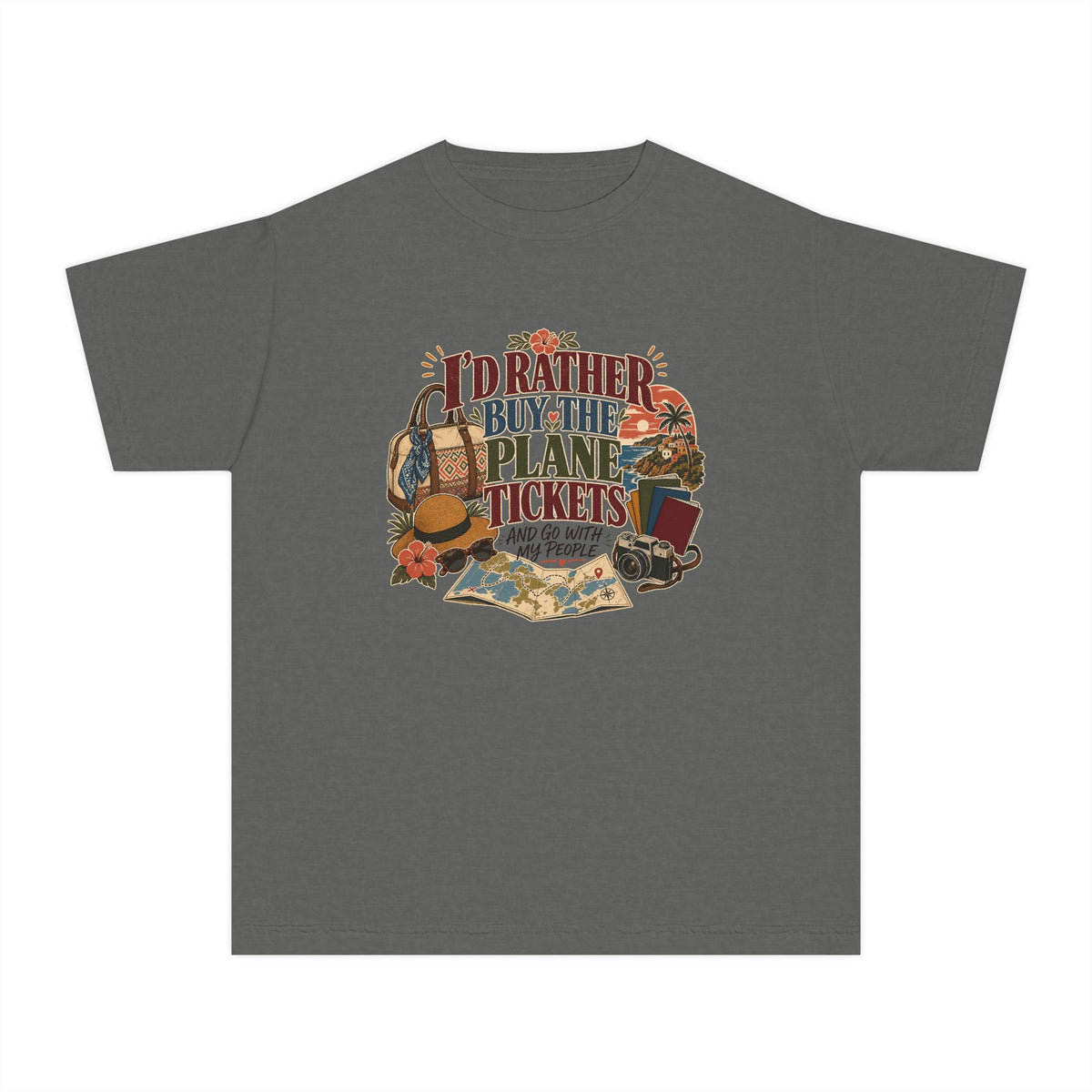 I'd Rather Buy the Plane Tickets Youth Tee – Kids' Comfort Colors Family Travel Shirt in Pepper – flat lay