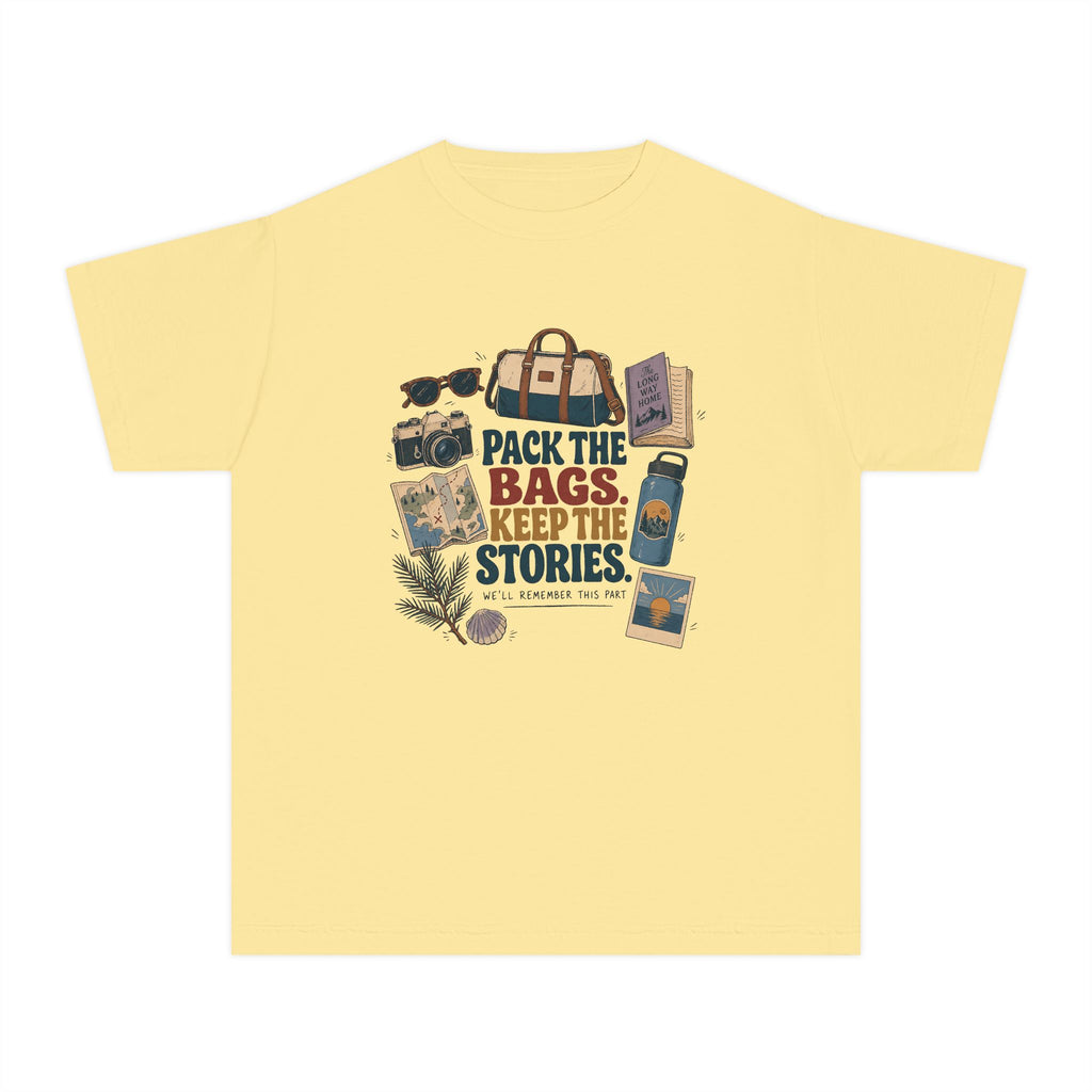 Pack the Bags Keep the Stories Youth Tee – Kids' Comfort Colors Family Getaway Shirt in Butter – flat lay