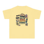 Pack the Bags Keep the Stories Youth Tee – Kids' Comfort Colors Family Getaway Shirt in Butter – flat lay