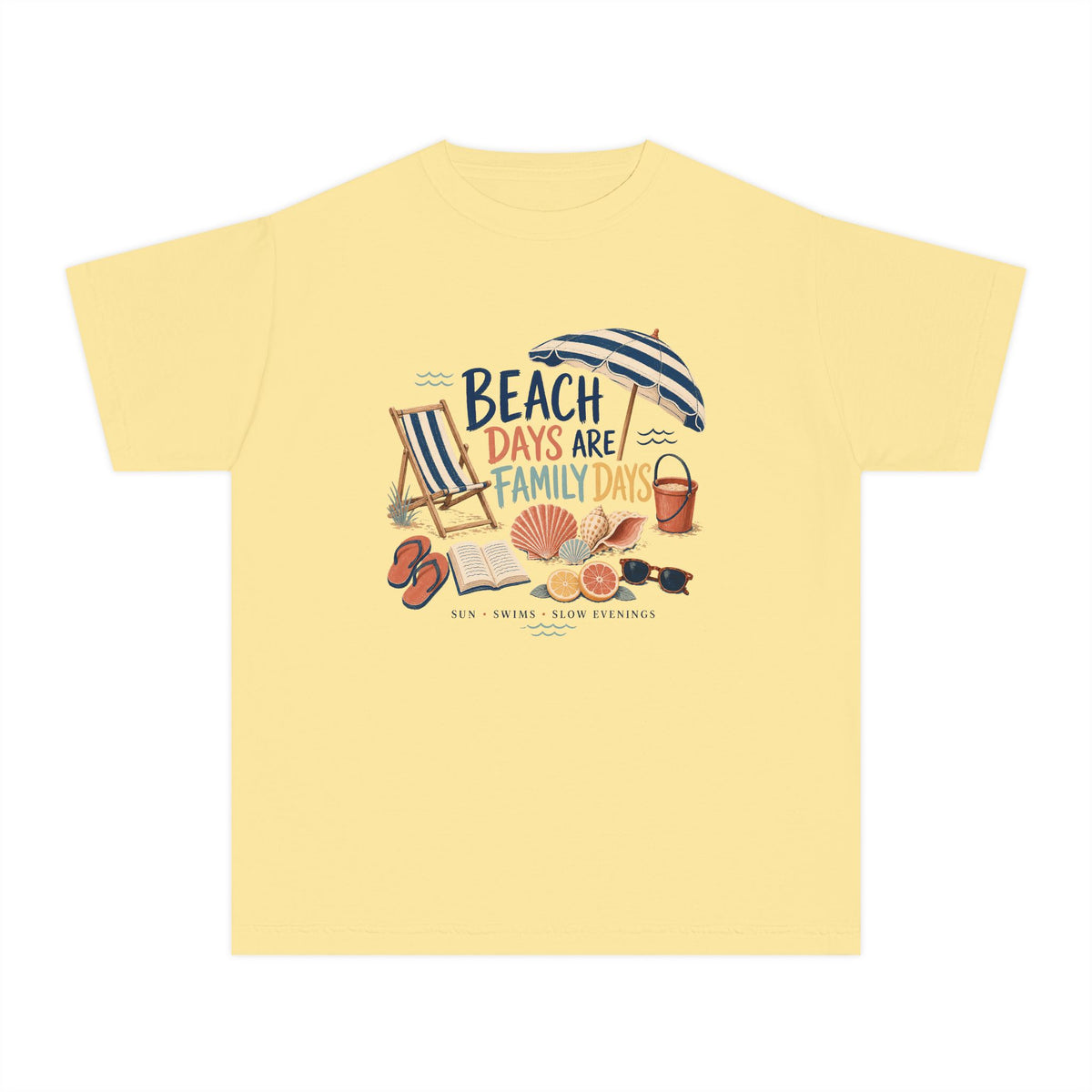 Beach Days Are Family Days Youth Tee – Kids' Comfort Colors Beach Vacation Shirt in Butter – flat lay