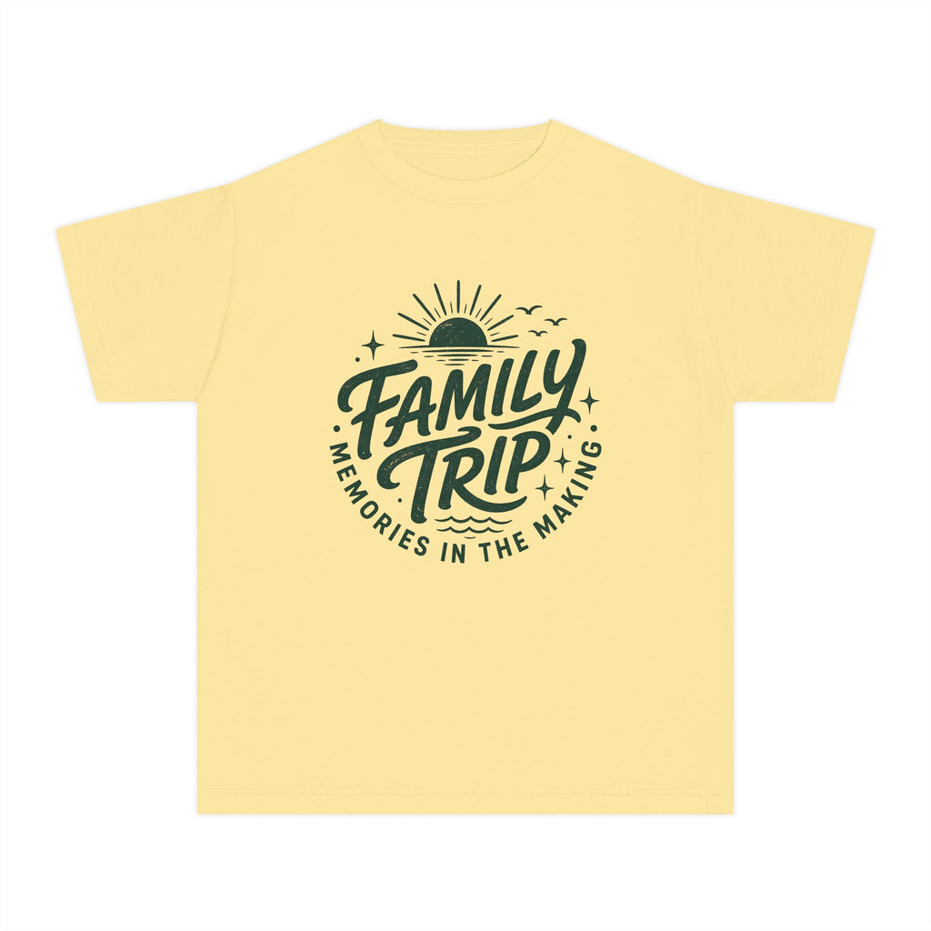 Family Trip Memories in the Making Youth Tee – Kids' Comfort Colors Family Getaway Shirt in Butter – flat lay
