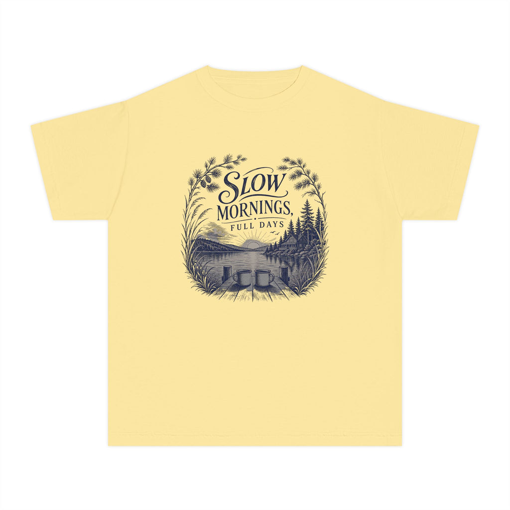 Slow Mornings Full Days Youth Tee – Kids' Comfort Colors Lake Vacation Shirt in Butter – flat lay