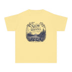 Slow Mornings Full Days Youth Tee – Kids' Comfort Colors Lake Vacation Shirt in Butter – flat lay