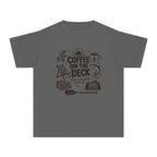 Coffee on the Deck Youth Tee – Kids' Comfort Colors Lake Vacation Shirt in Pepper – flat lay