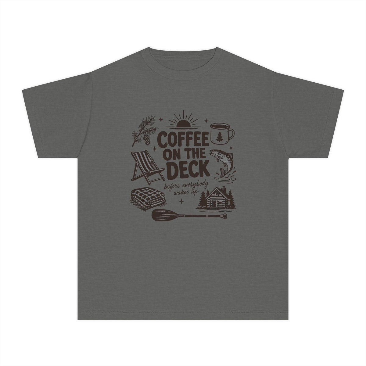Coffee on the Deck Youth Tee – Kids' Comfort Colors Lake Vacation Shirt in Pepper – flat lay