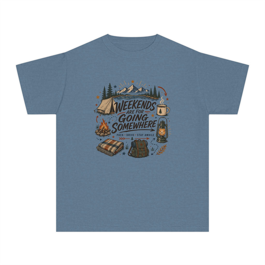 Weekends Are for Going Somewhere Youth Tee – Kids' Comfort Colors Camping Shirt in Blue Jean – flat lay