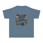 Weekends Are for Going Somewhere Youth Tee – Kids' Comfort Colors Camping Shirt in Blue Jean – flat lay