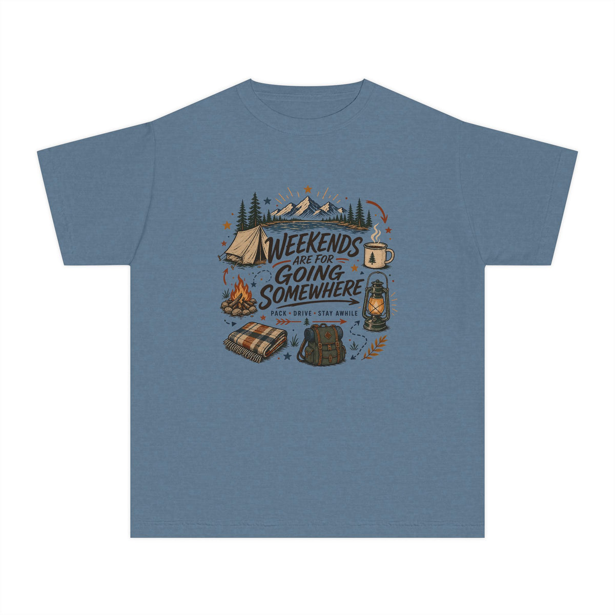 Weekends Are for Going Somewhere Youth Tee – Kids' Comfort Colors Camping Shirt in Blue Jean – flat lay