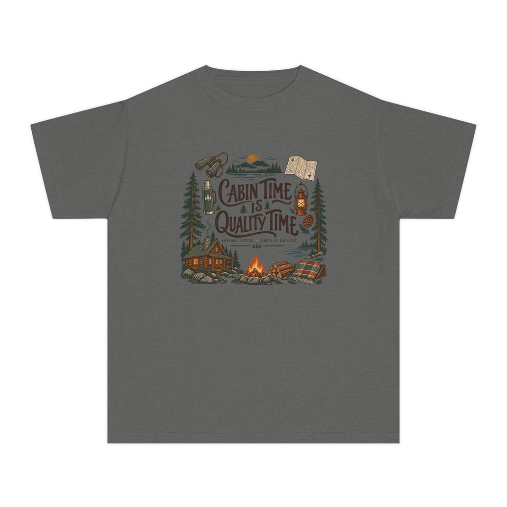 Cabin Time Is Quality Time Youth Tee – Kids' Comfort Colors Lake Vacation Shirt in Pepper – flat lay