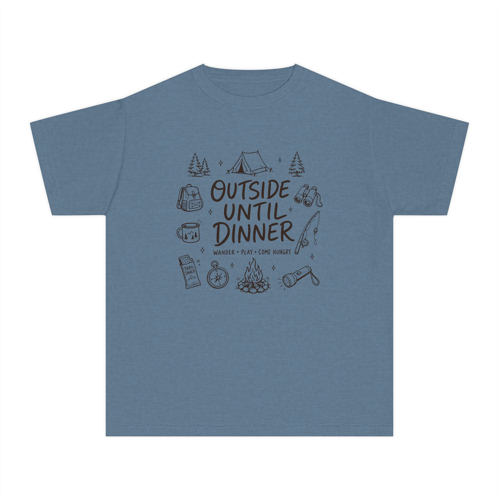 Outside Until Dinner Youth Tee – Kids' Comfort Colors Camping Shirt in Blue Jean – flat lay