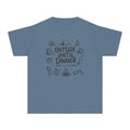 Outside Until Dinner Youth Tee – Kids' Comfort Colors Camping Shirt in Blue Jean – flat lay