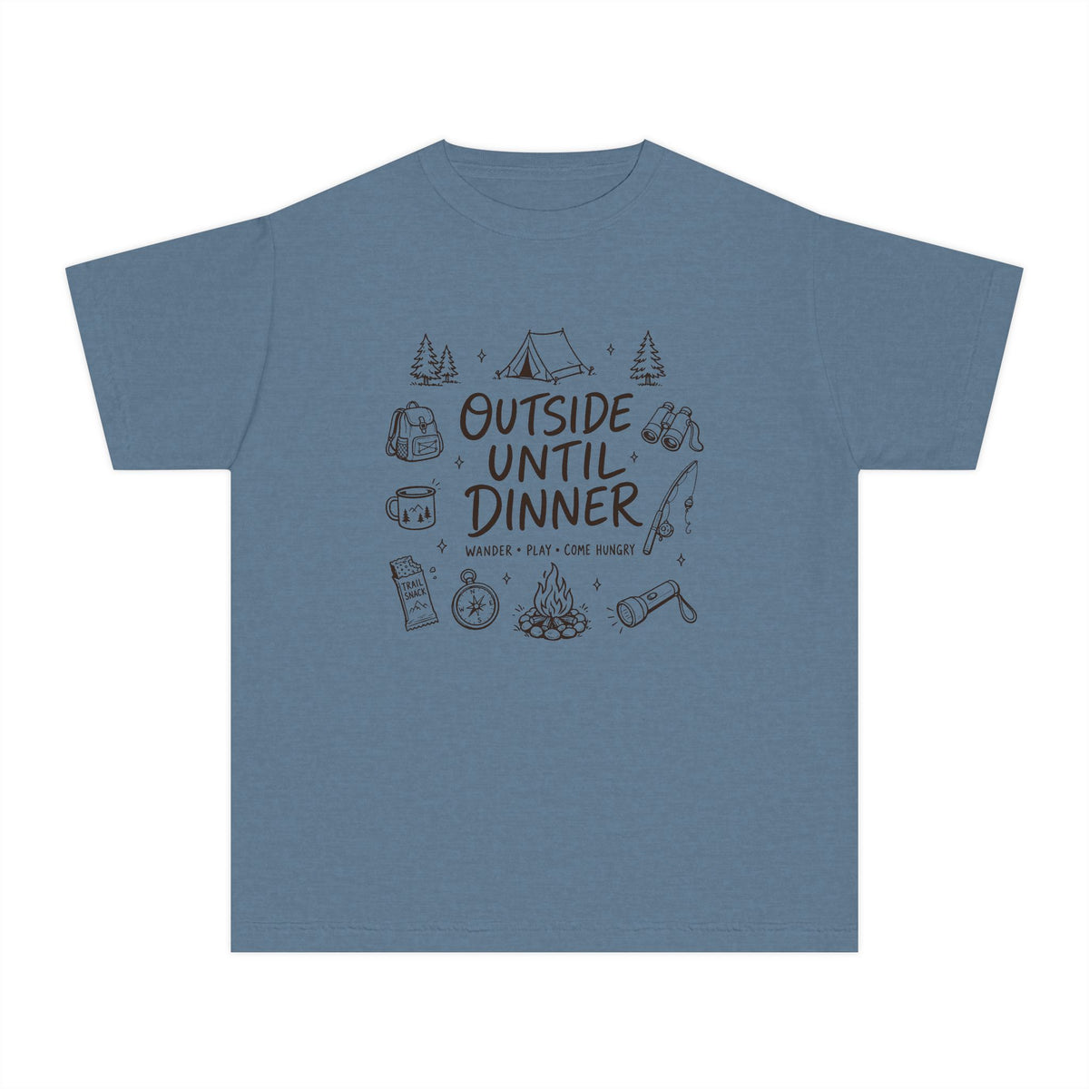 Outside Until Dinner Youth Tee – Kids' Comfort Colors Camping Shirt in Blue Jean – flat lay