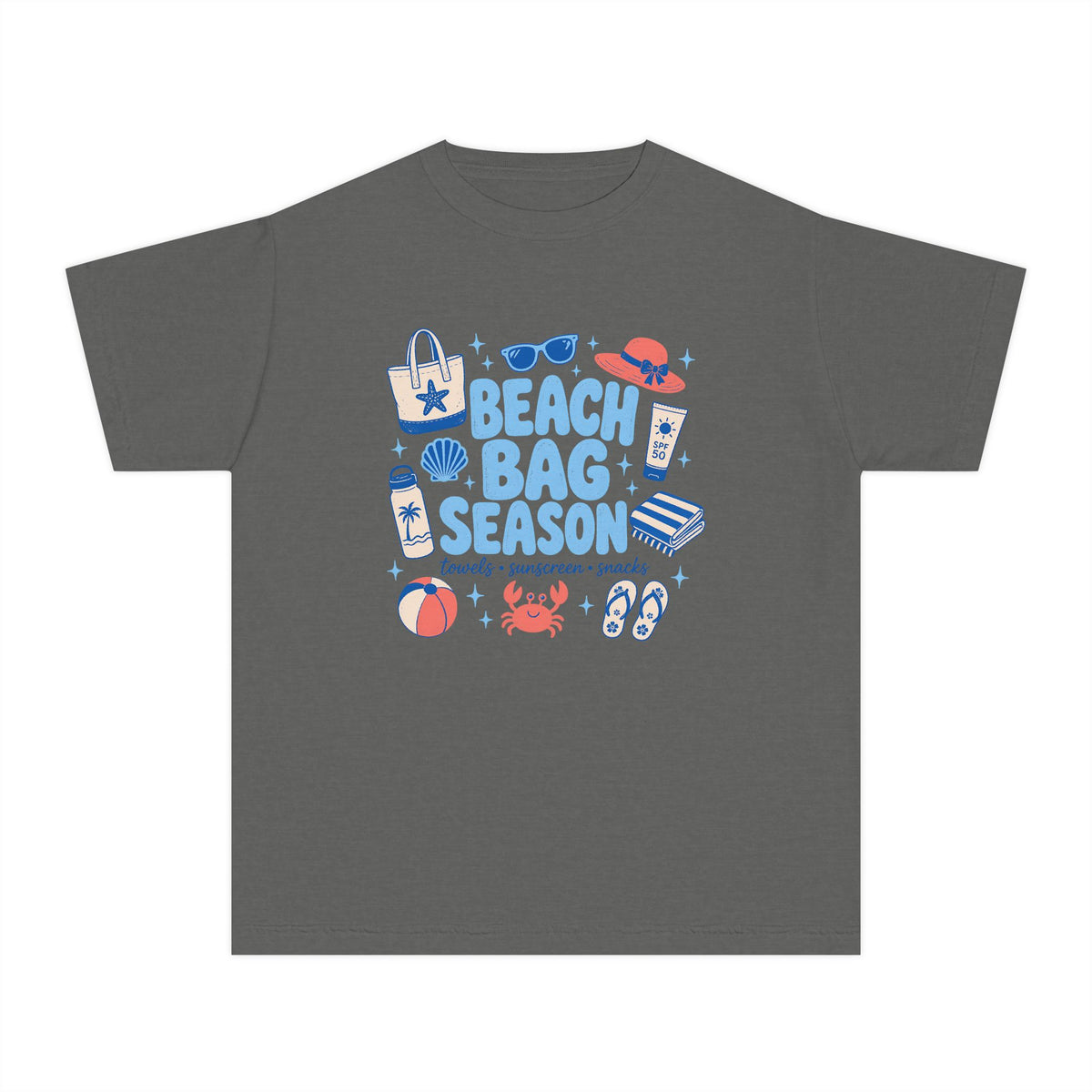 Beach Bag Season Youth Tee – Kids' Comfort Colors Beach Vacation Shirt in Pepper – flat lay