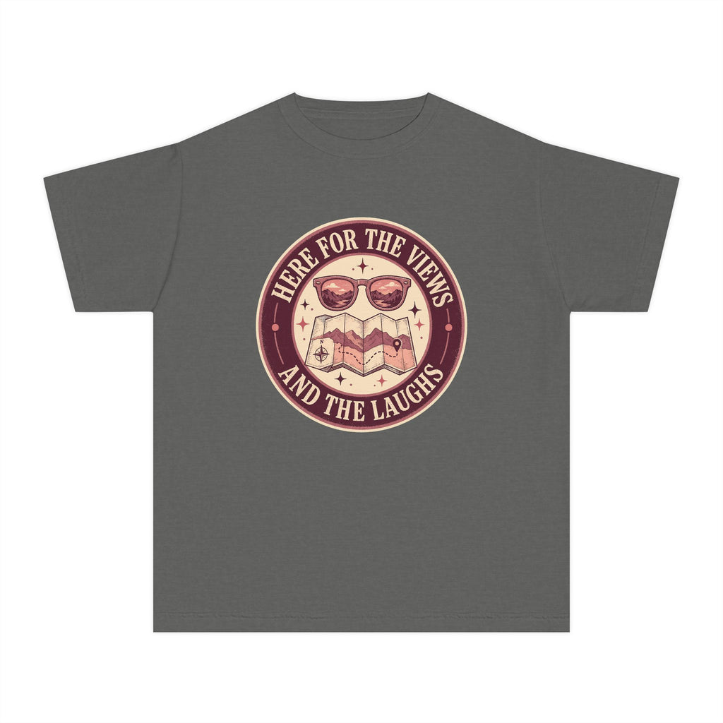 Here for the Views and the Laughs Youth Tee – Kids' Comfort Colors Travel Shirt in Pepper – flat lay