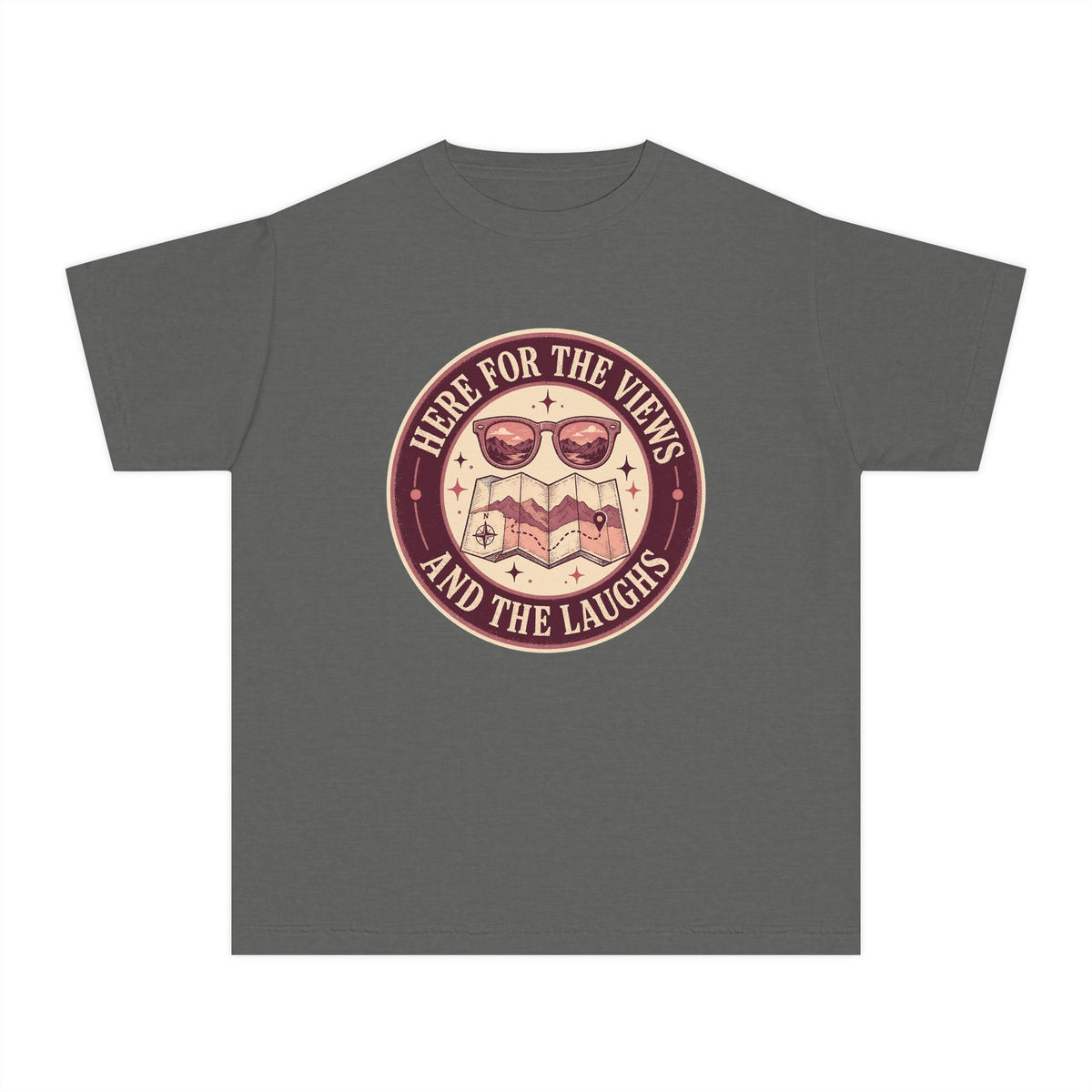 Here for the Views and the Laughs Youth Tee – Kids' Comfort Colors Travel Shirt in Pepper – flat lay