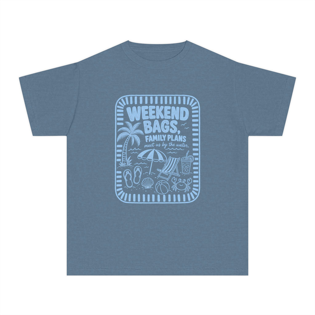 Weekend Bags Family Plans Youth Tee – Kids' Comfort Colors Beach Vacation Shirt in Blue Jean – flat lay