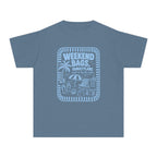 Weekend Bags Family Plans Youth Tee – Kids' Comfort Colors Beach Vacation Shirt in Blue Jean – flat lay