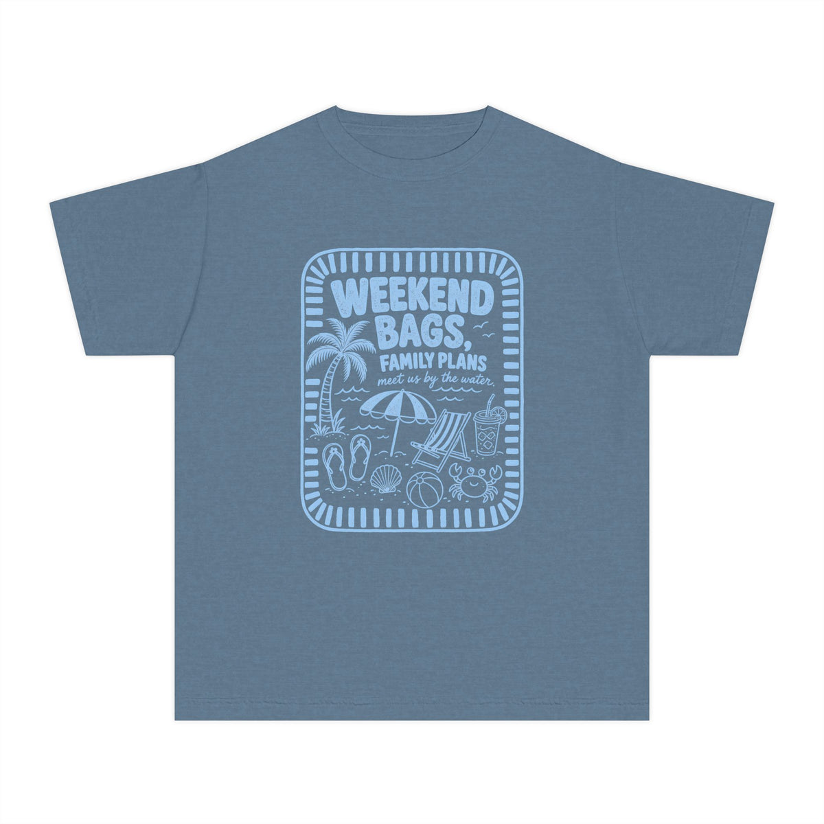 Weekend Bags Family Plans Youth Tee – Kids' Comfort Colors Beach Vacation Shirt in Blue Jean – flat lay