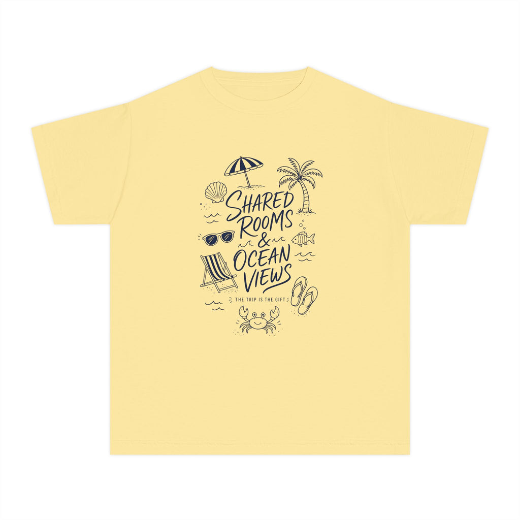 Shared Rooms and Ocean Views Youth Tee – Kids' Comfort Colors Family Travel Shirt in Butter – flat lay