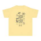 Shared Rooms and Ocean Views Youth Tee – Kids' Comfort Colors Family Travel Shirt in Butter – flat lay