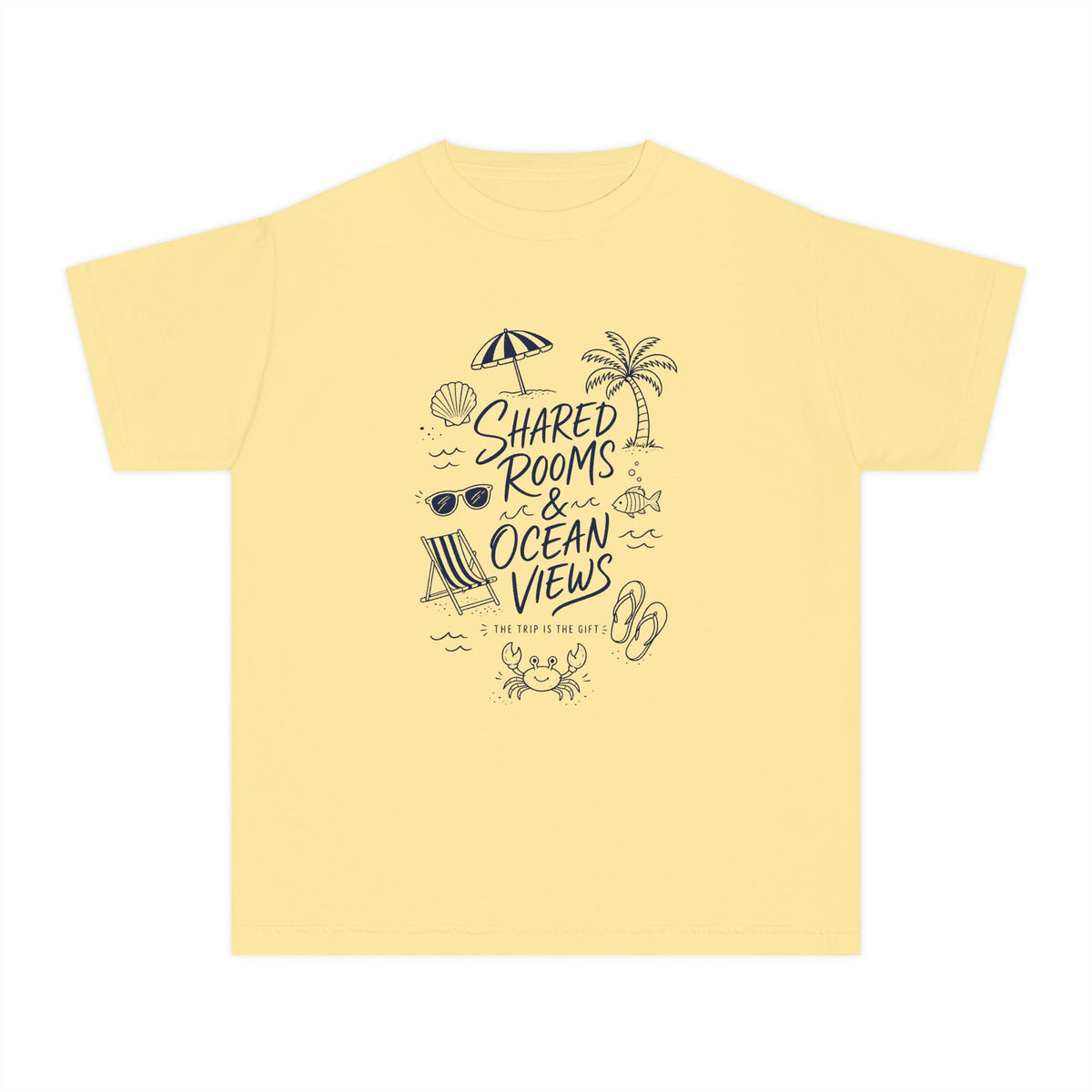 Shared Rooms and Ocean Views Youth Tee – Kids' Comfort Colors Family Travel Shirt in Butter – flat lay