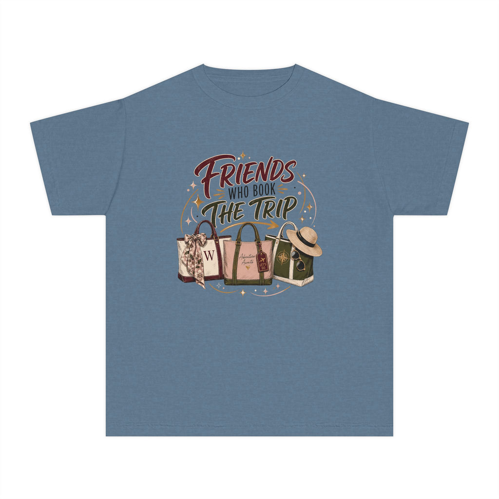 Friends Who Book the Trip Youth Tee – Kids' Comfort Colors Travel Shirt in Blue Jean – flat lay